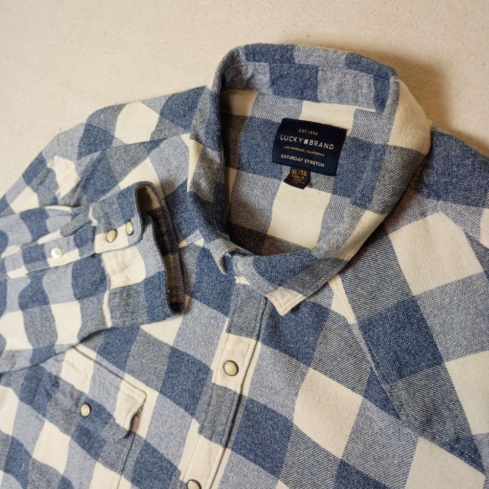 Lucky Brand Mens XL Saturday Stretch Blue Buffalo Plaid Western Pearl Snap Shirt